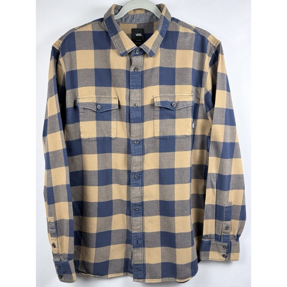 Vans Men's XL Flannel Shirt Blue Tan Buffalo Plaid Long Sleeve Classic Fit